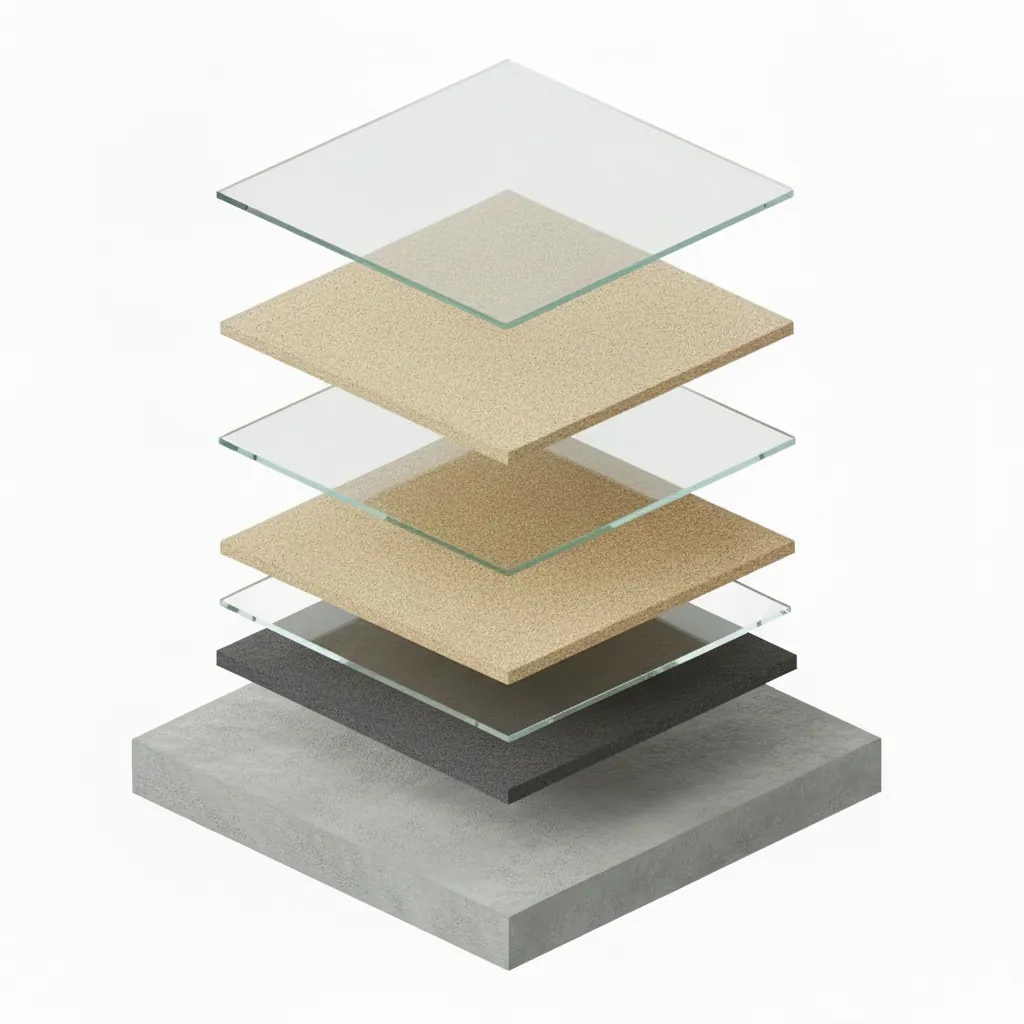 Quartz Broadcast System cross-section diagram showing layers: Concrete - Prepared & diamond ground, Moisture Barrier - When needed, First Epoxy - 100% solids base coat, First Quartz Broadcast - To full refusal, Second Epoxy - 100% solids coat, Second Quartz Broadcast - Double-broadcast technique, Topcoat - Polyaspartic UV-stable finish